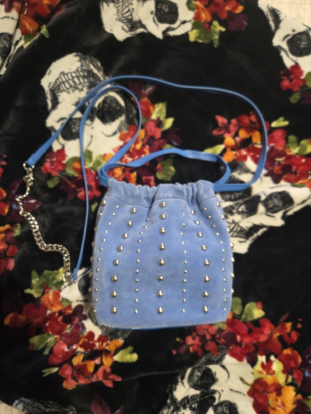 Sam Edelman Blue Studded Drawstring Crossbody Bag Chain Detachable Strap